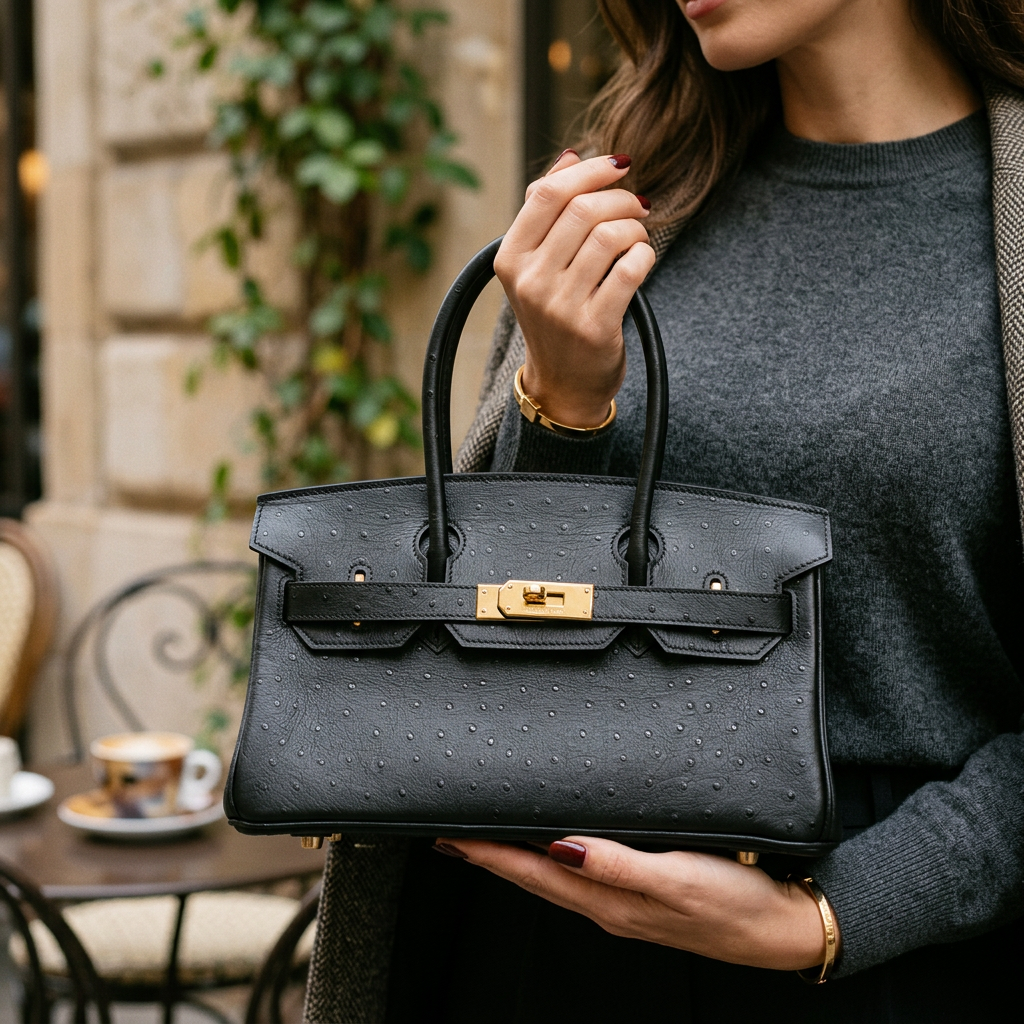 Дамска чанта Hermès Birkin Style Bag – Black Ostrich Leather (Gold Hardware)