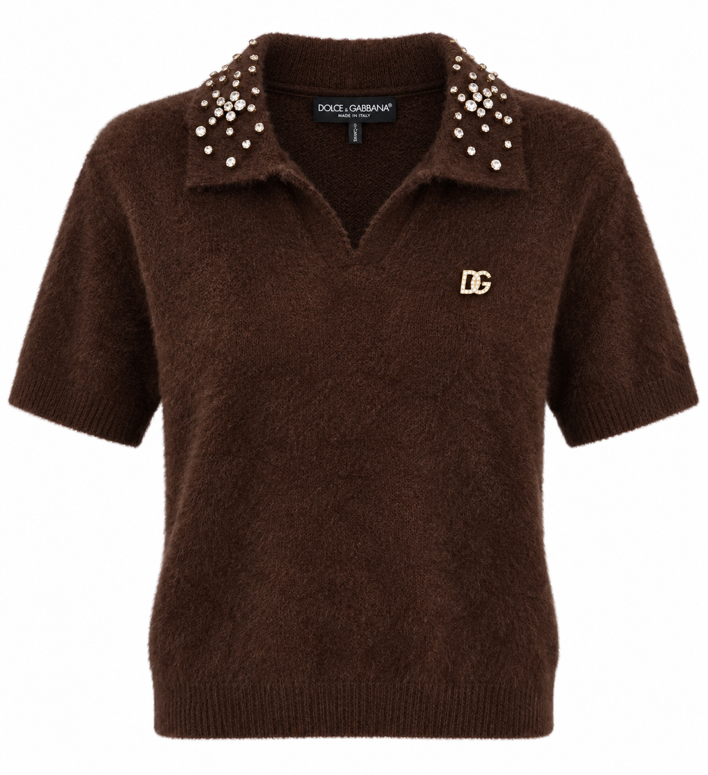 Dámsky pletený polo sveter Dolce & Gabbana s kryštálmi – hnedý