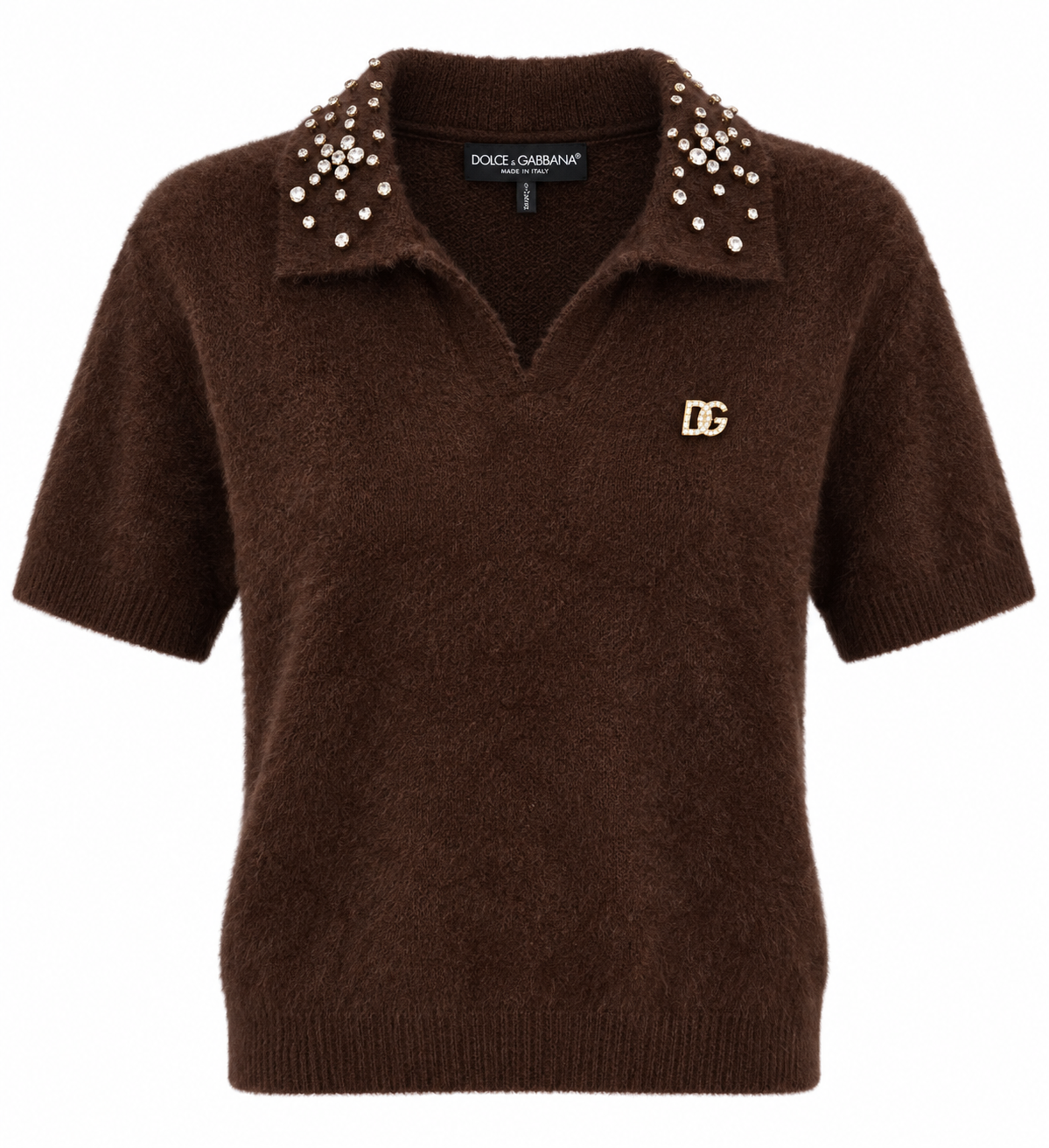 Dámsky pletený polo sveter Dolce & Gabbana s kryštálmi – hnedý