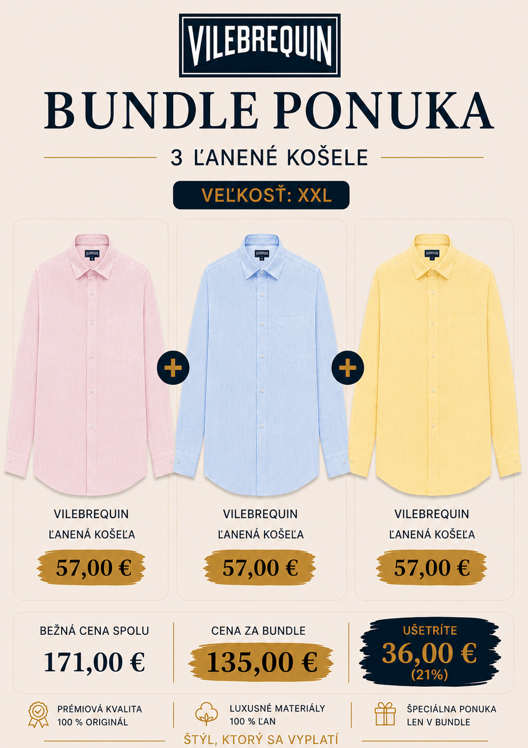Vilebrequin Bundle – 3 ľanové košele, veľkosť XXL – špeciálna cena 135 €