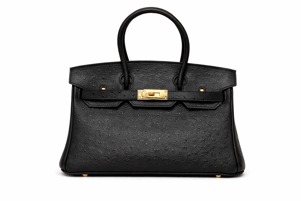 Дамска чанта Hermès Birkin Style Bag – Black Ostrich Leather (Gold Hardware)