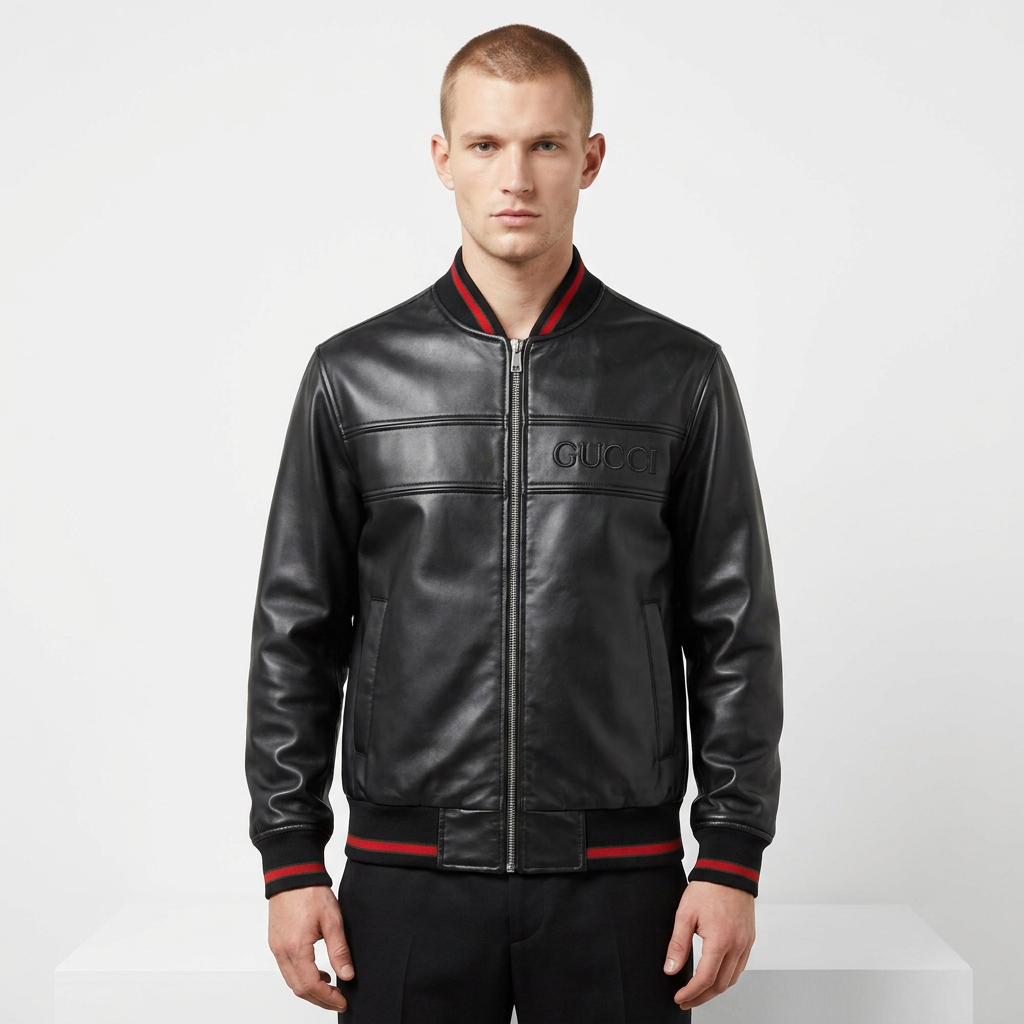 Pánska kožená bunda Gucci typu bomber – čierna
