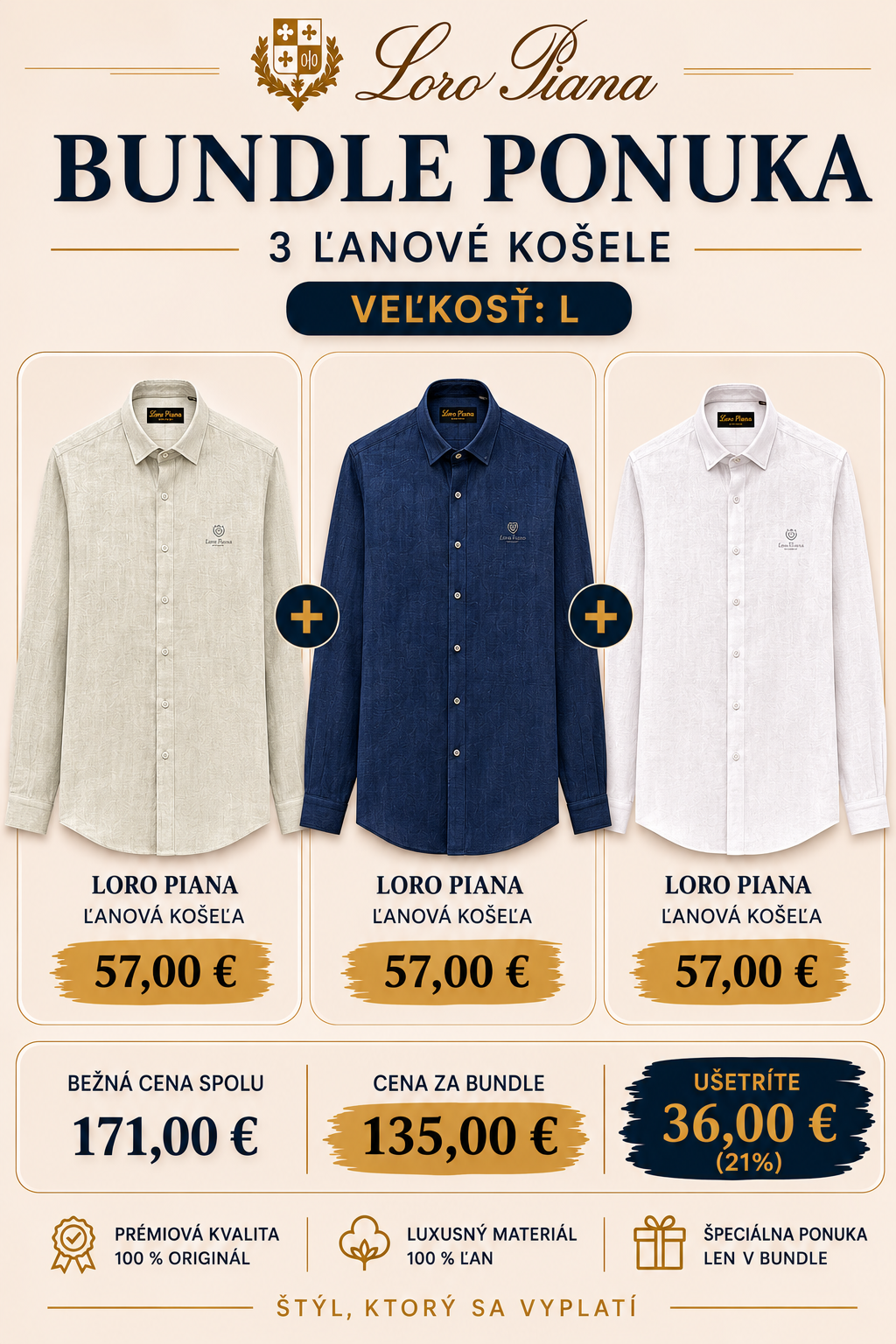 Loro Piana Bundle – 3 ľanové košele L | Špeciálna cena 135 €