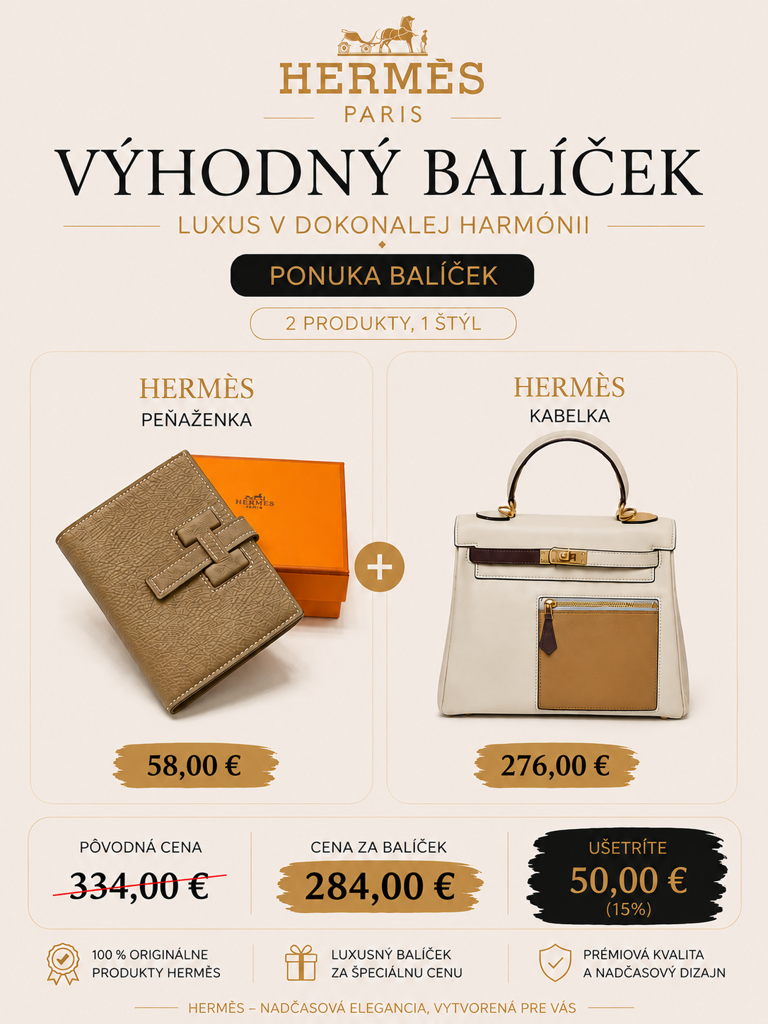 HERMÈS Bundle Set – Kabelka + Peňaženka | Ušetríte 50 €
