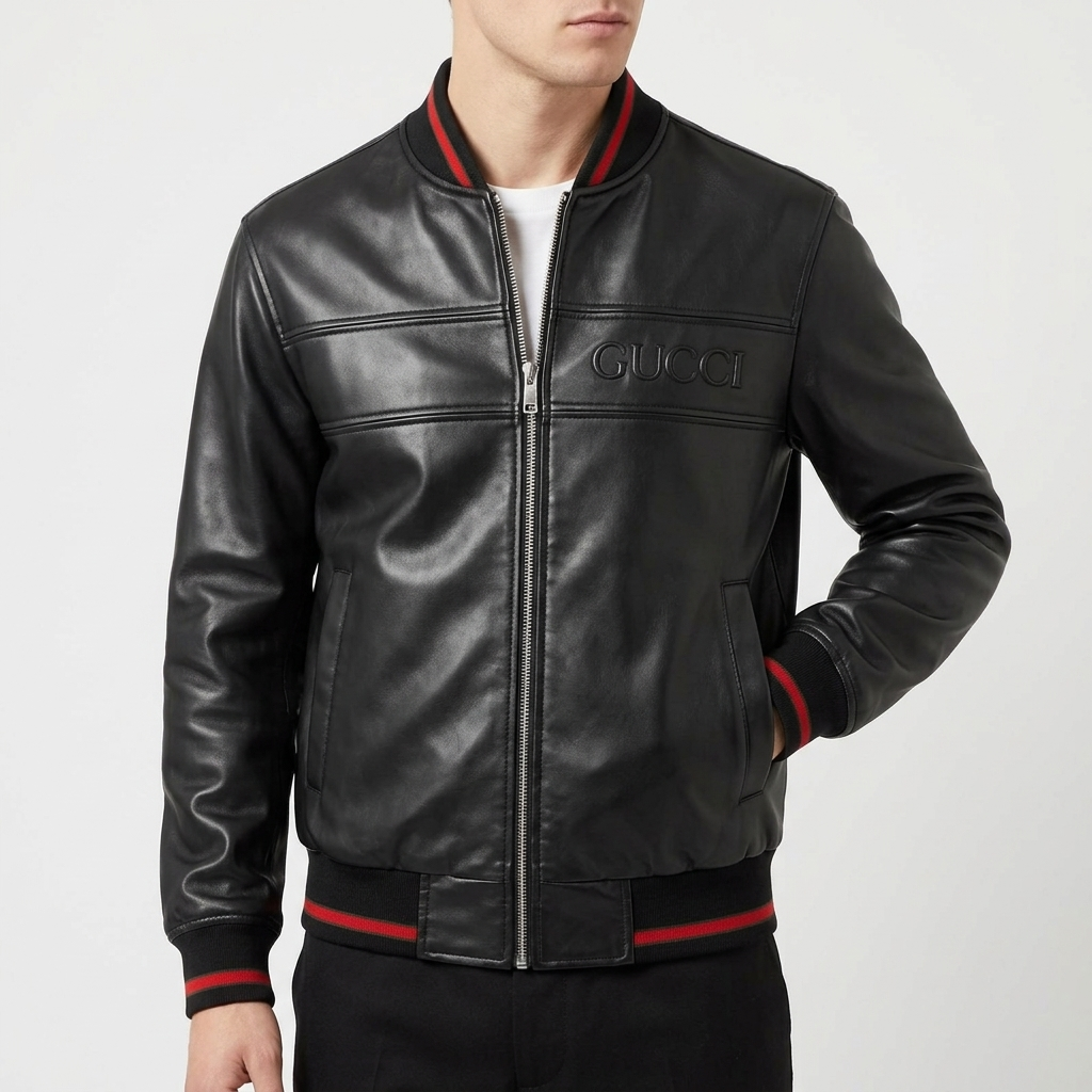 Pánska kožená bunda Gucci typu bomber – čierna