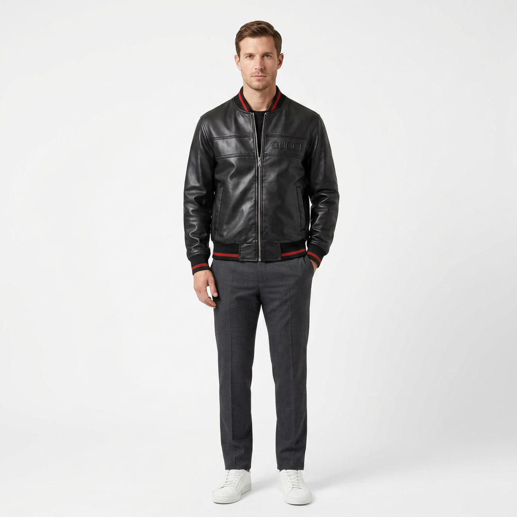 Pánska kožená bunda Gucci typu bomber – čierna