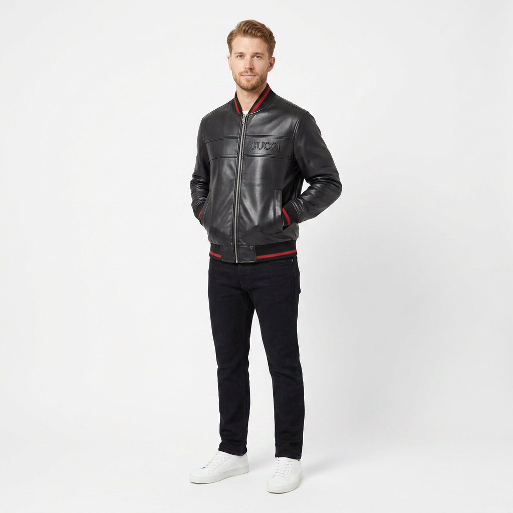 Pánska kožená bunda Gucci typu bomber – čierna