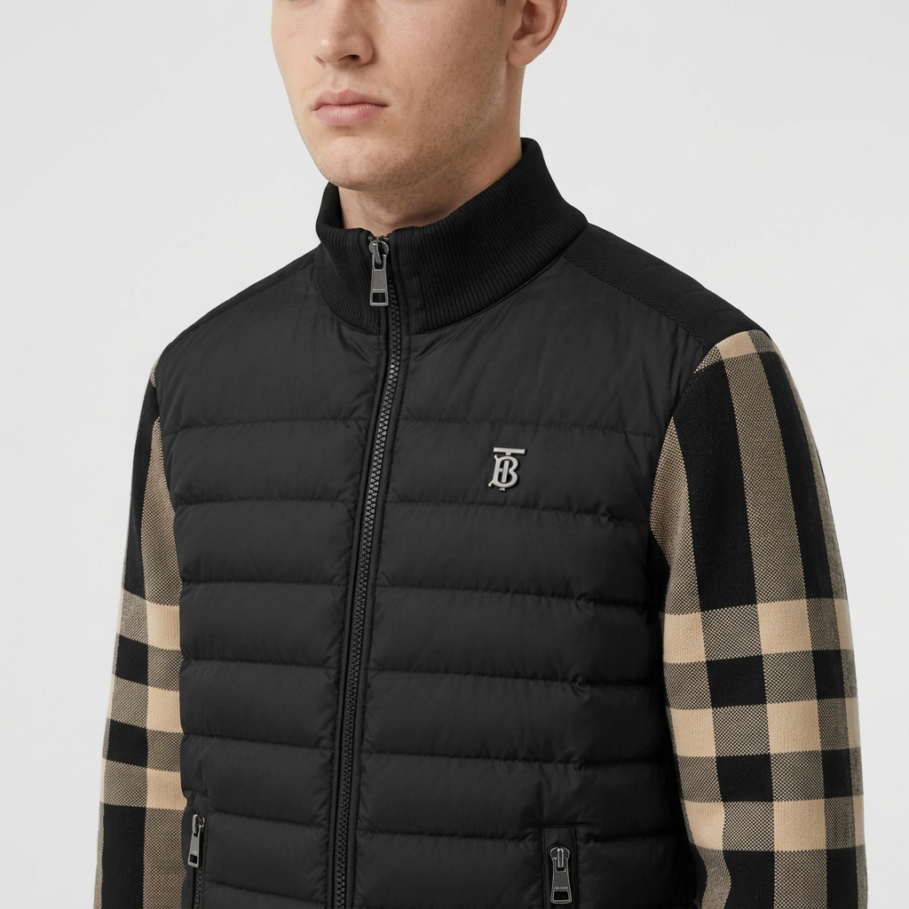 Pánska bunda Burberry s károvanými pletenými rukávmi – čierna