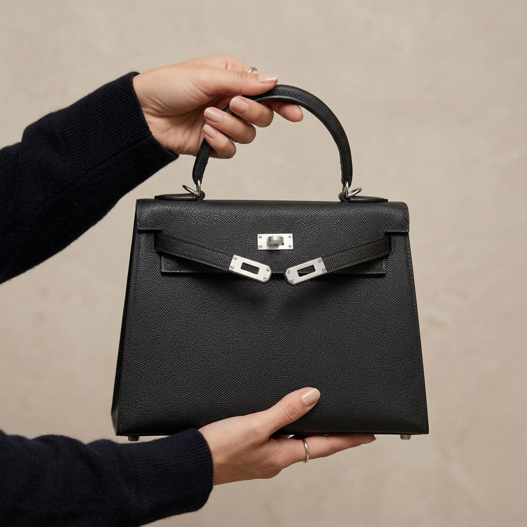 Hermès Kelly – Dámska čierna kabelka so strieborným kovaním