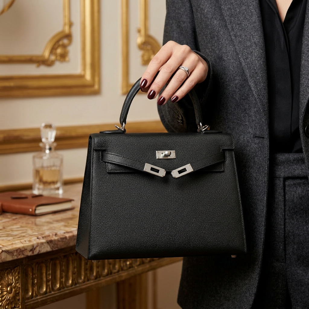 Hermès Kelly – Dámska čierna kabelka so strieborným kovaním