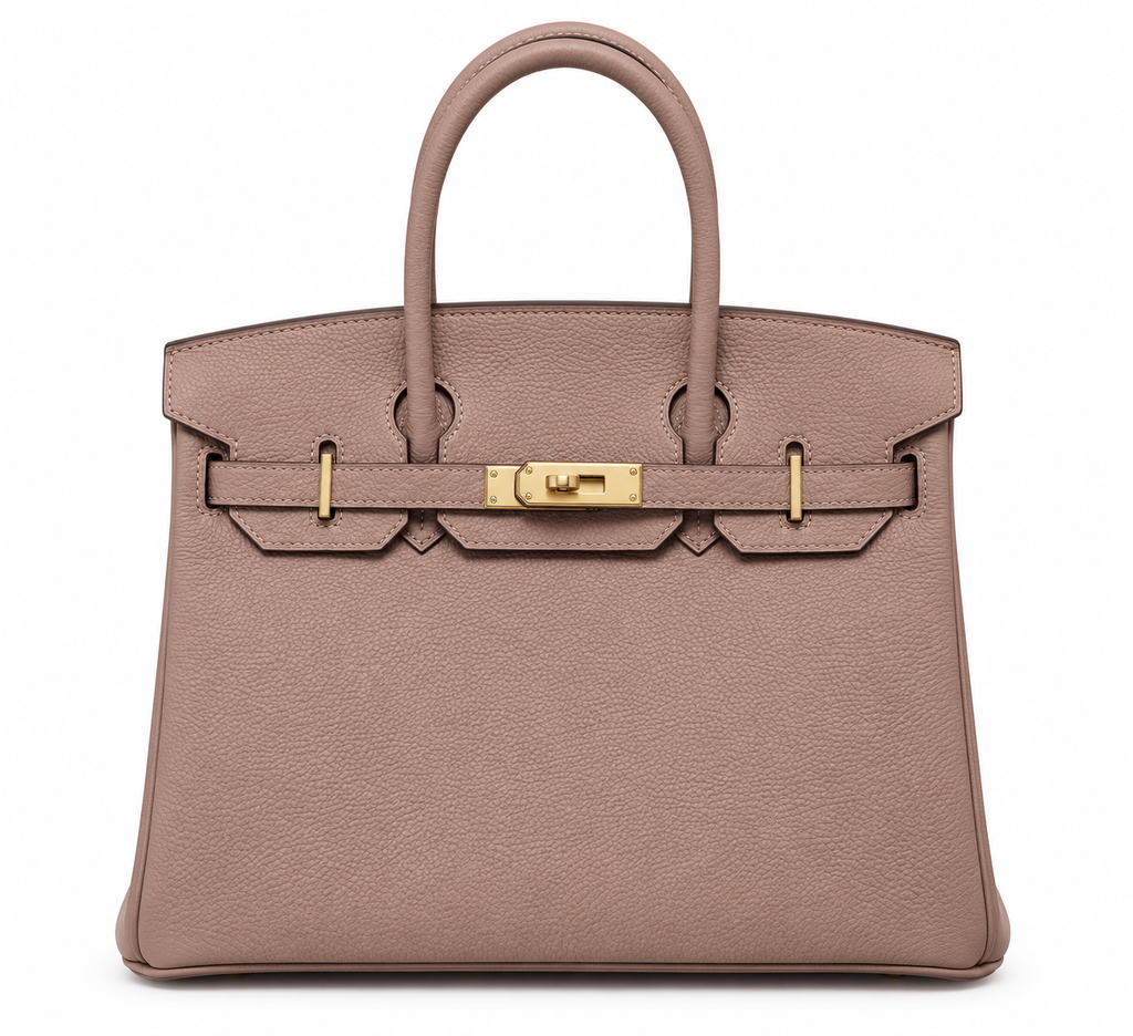 Hermès Birkin – Dámska kabelka v púdrovo ružovej farbe so zlatým kovaním