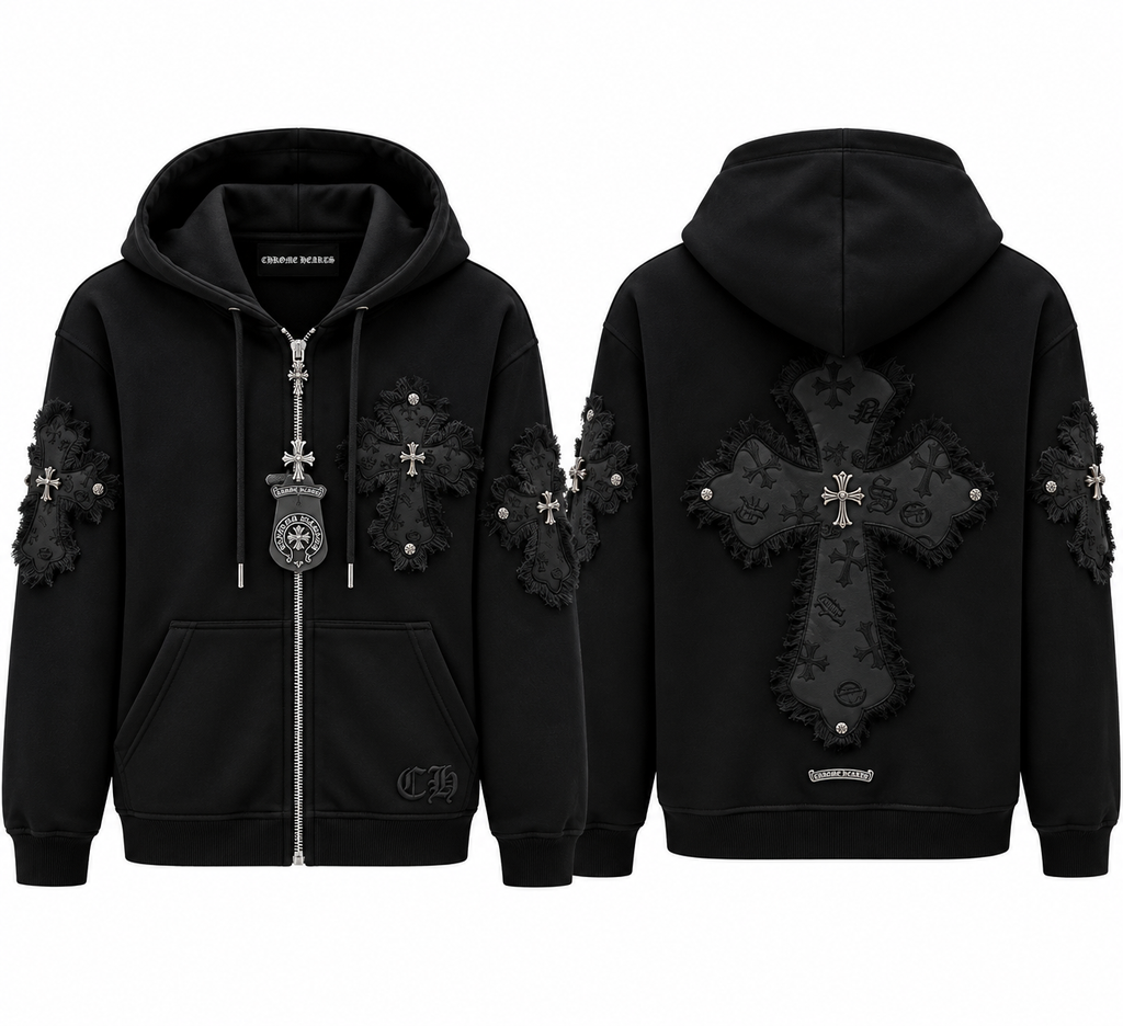 Pánska mikina Chrome Hearts s kapucňou a ozdobnými krížmi – čierna