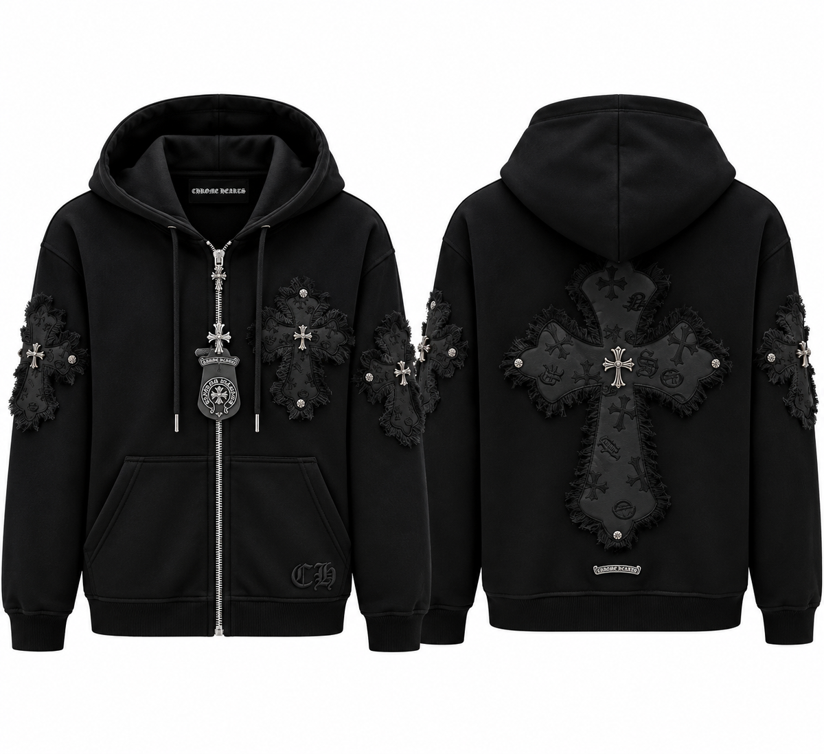 Pánska mikina Chrome Hearts s kapucňou a ozdobnými krížmi – čierna