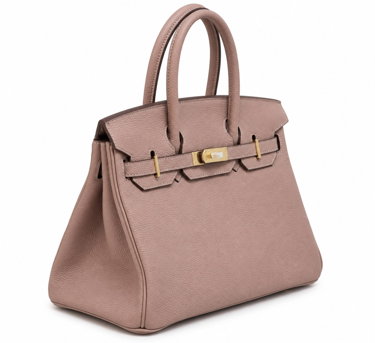 Hermès Birkin – Dámska kabelka v púdrovo ružovej farbe so zlatým kovaním
