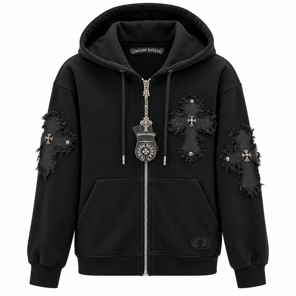 Pánska mikina Chrome Hearts s kapucňou a ozdobnými krížmi – čierna