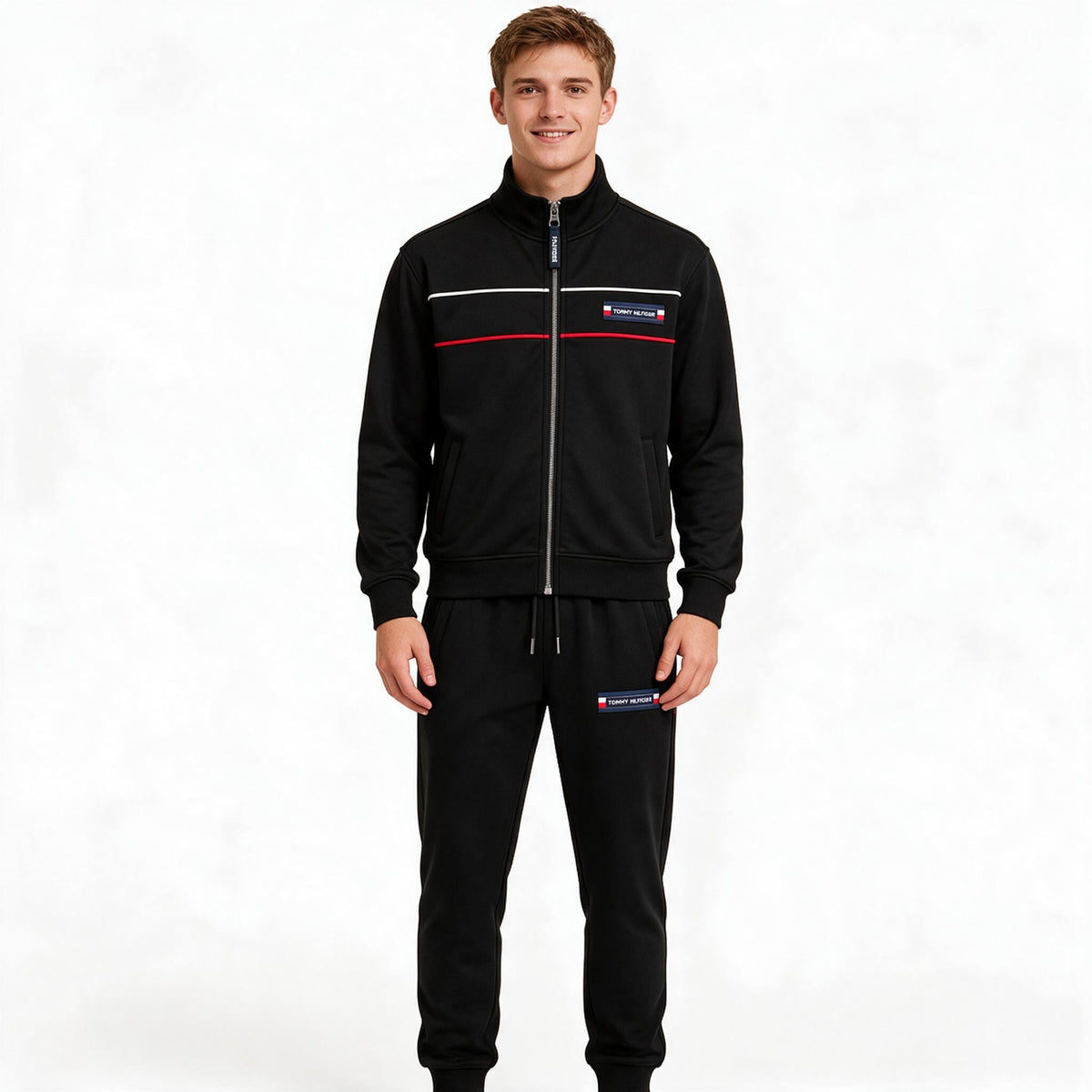 Мъжки спортен комплект TOMMY HILFIGER в черно с трицветни кантове (Copy)
