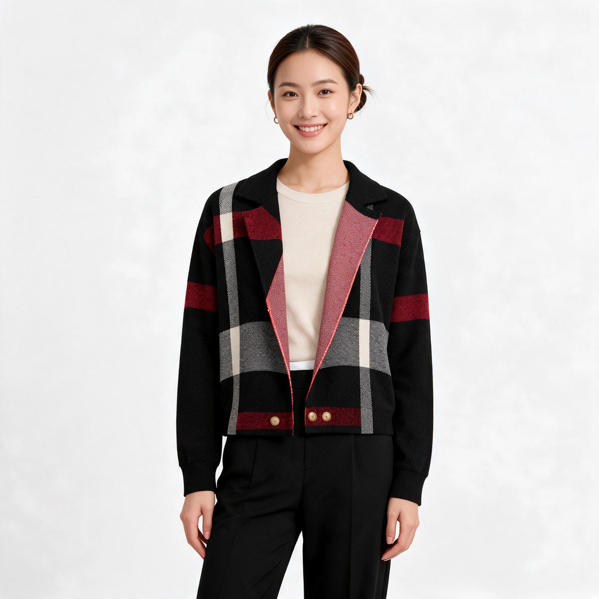 Дамска жилетка Burberry тип сако – каре в черно, червено и сиво