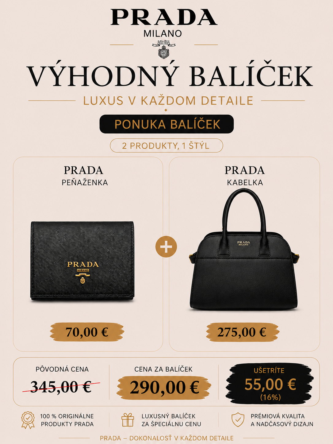 PRADA Bundle Set – Kabelka + Peňaženka | Ušetríte 55 €