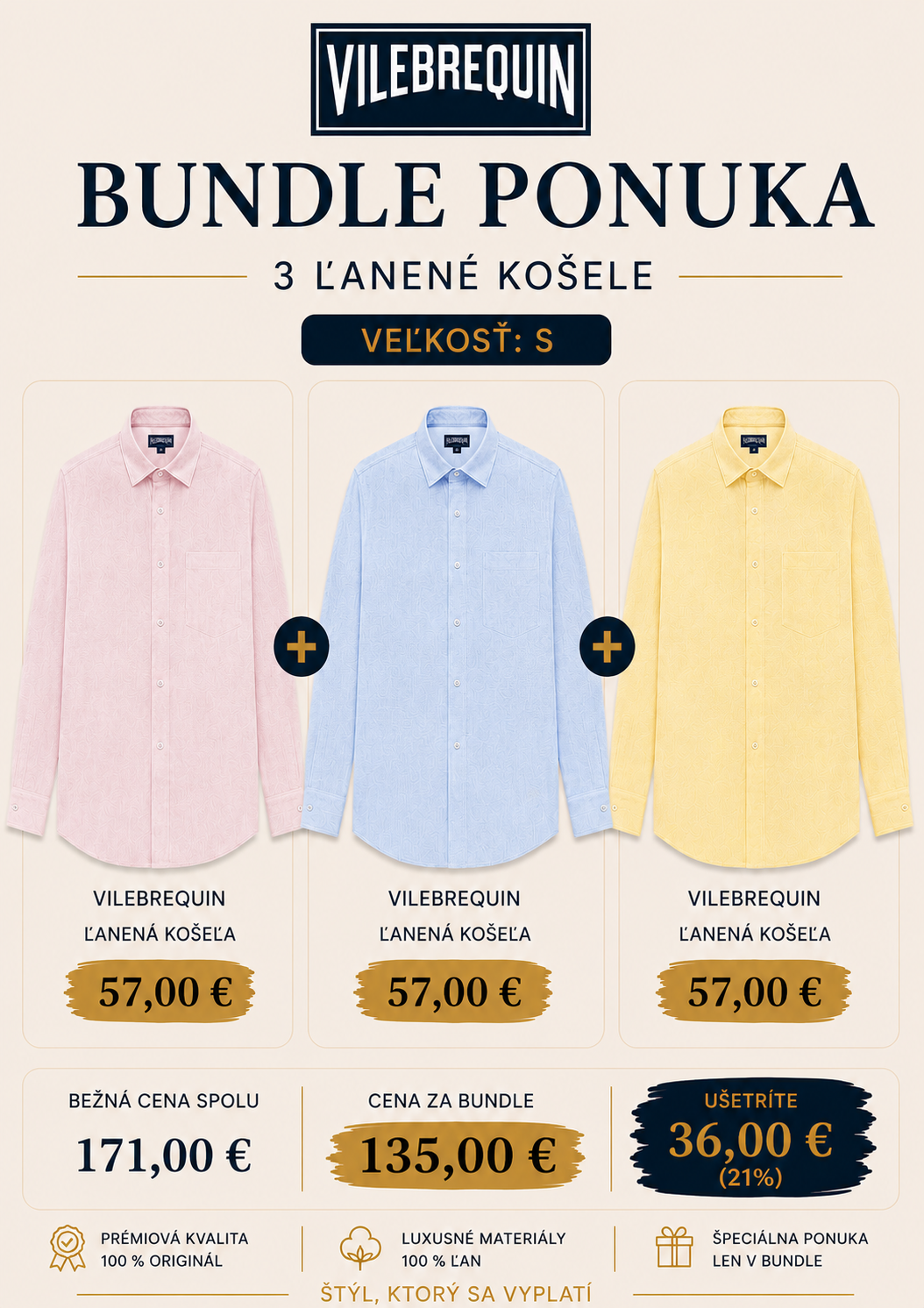Vilebrequin Bundle – 3 ľanové košele, veľkosť S – špeciálna cena 135 €